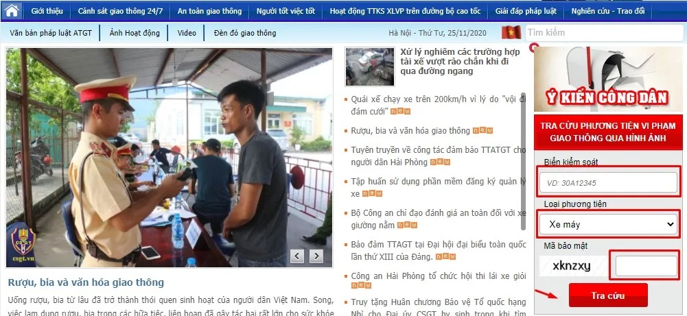 Tra cứu phạt nguội trên website Cục Cảnh sát giao thông